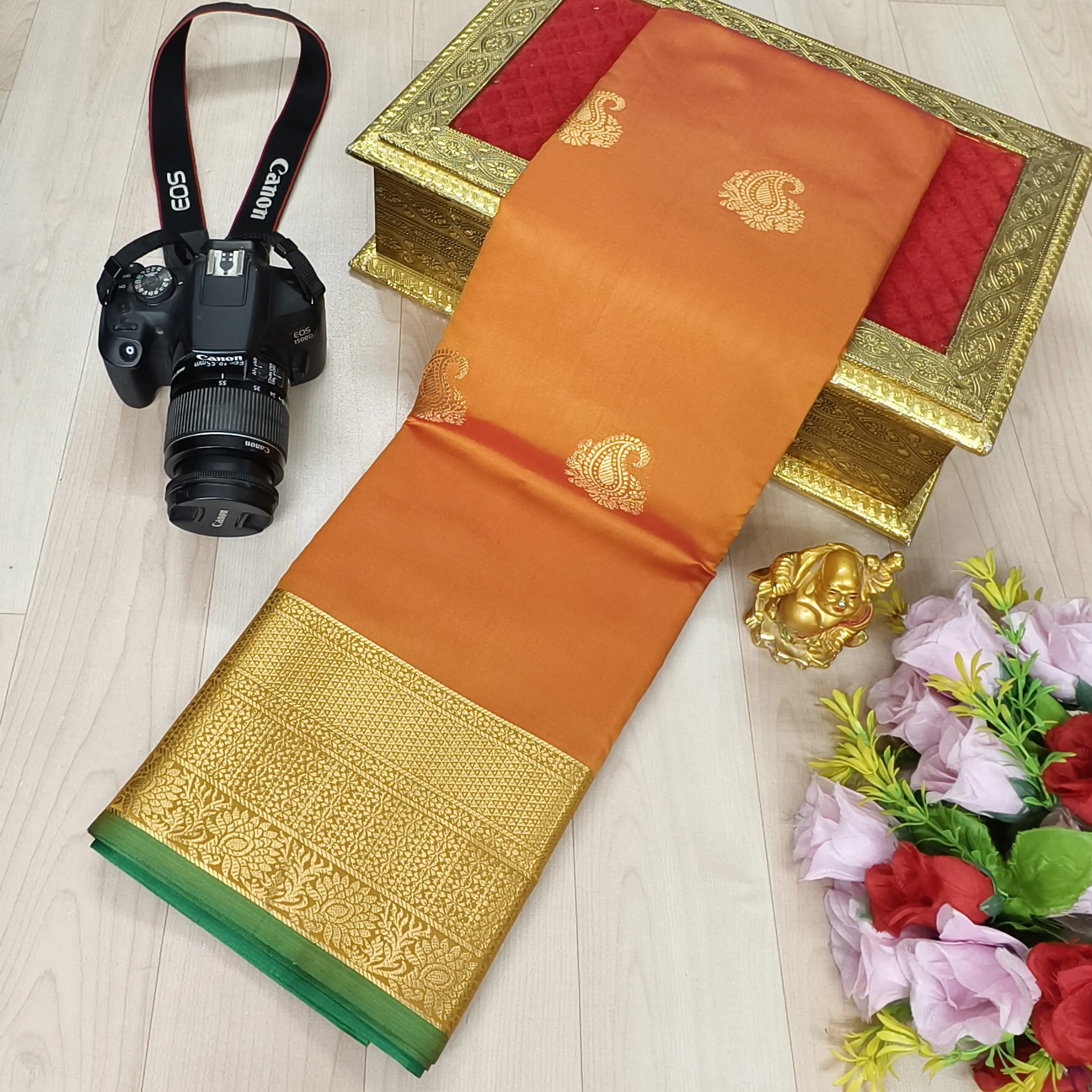 Mango Orange Golden Zari Butta Fusion Soft Silk Saree